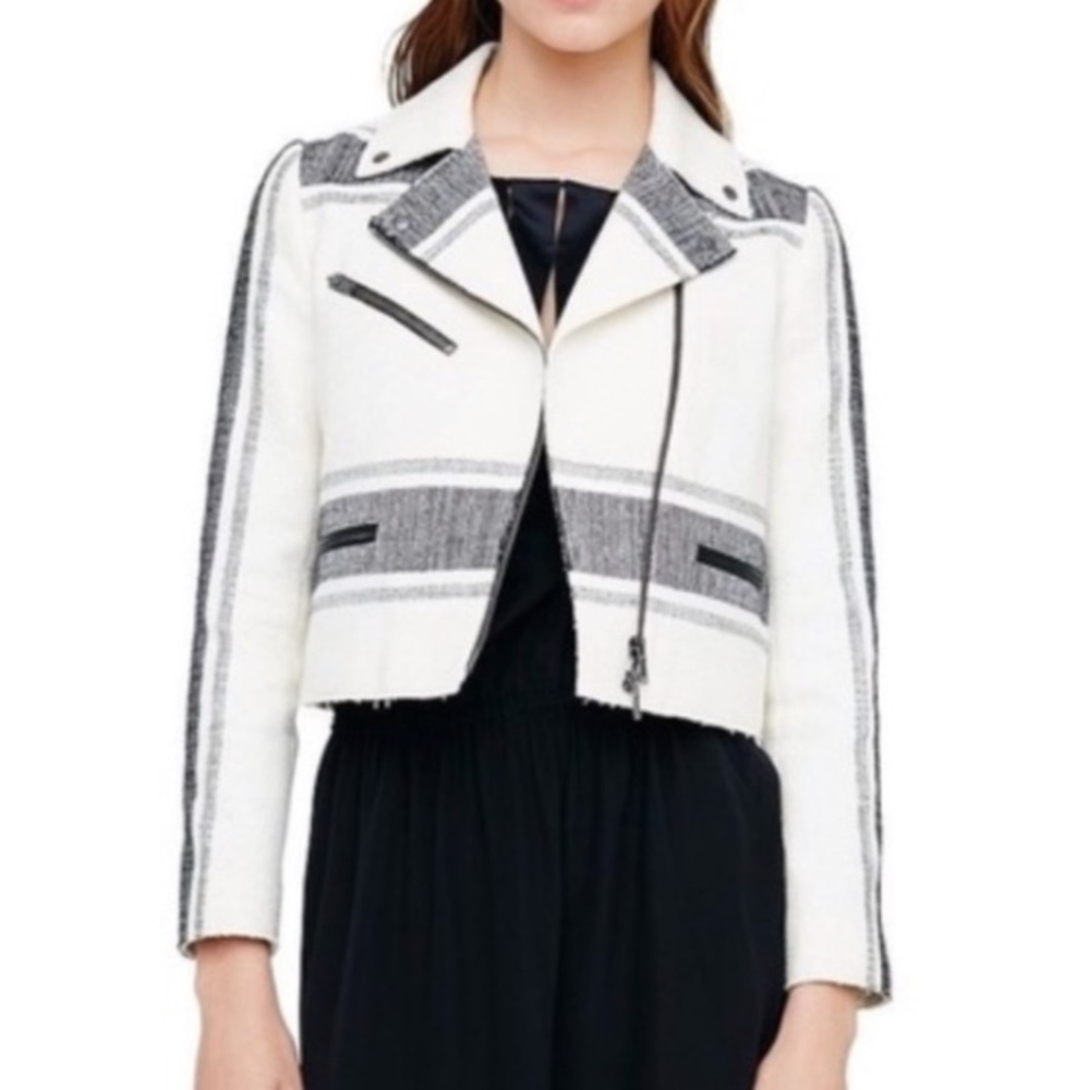 Club Monaco Nolicia Moto Jacket Women’s size 0 Black Cream Woven Tweed